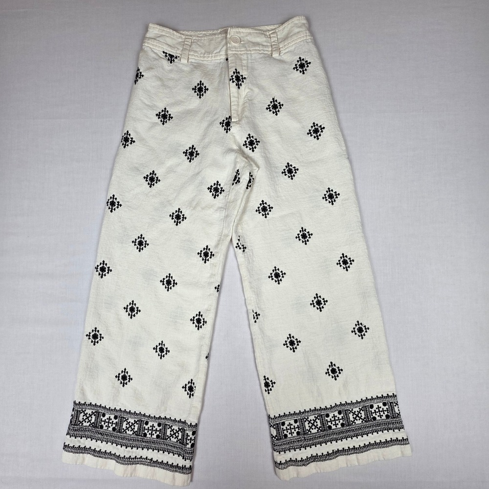 Elie‎ Tahari Linen Blend Wide Leg Pants Womens 4 Embroidered  White Black